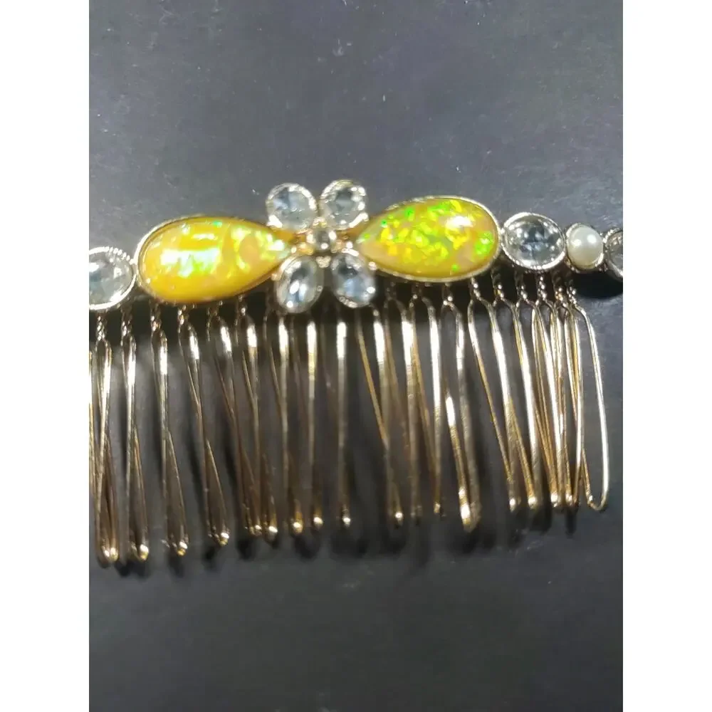 Hair Comb Barrette Rhinestone Faux Pearl Yellow Gold Tone Spring Feminine Party